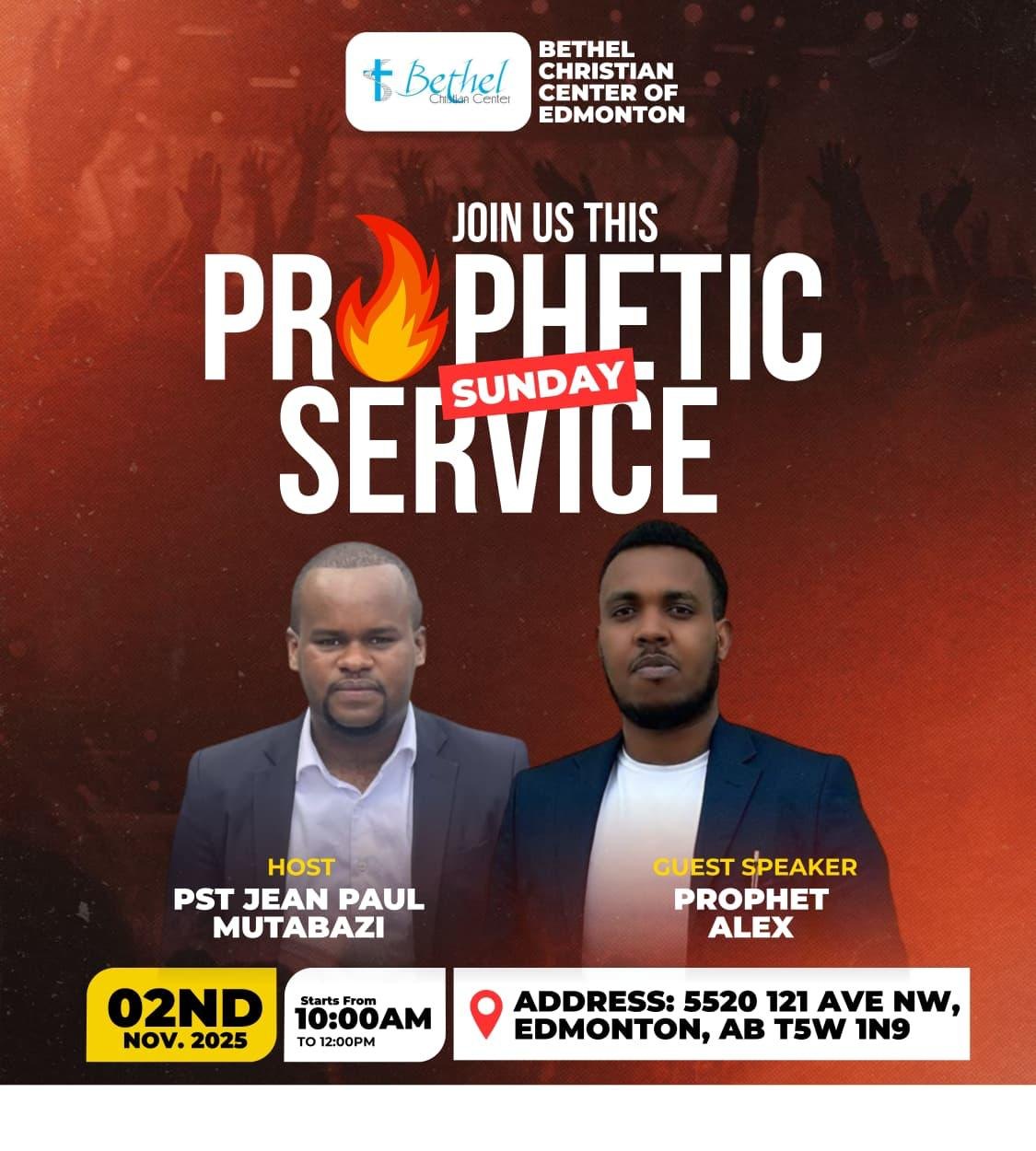 Poster for a Sunday service at Bethel Christian Center of Edmonton hosted by Rev. Pastor Jean Paul Mutabazi, 2 November 2025