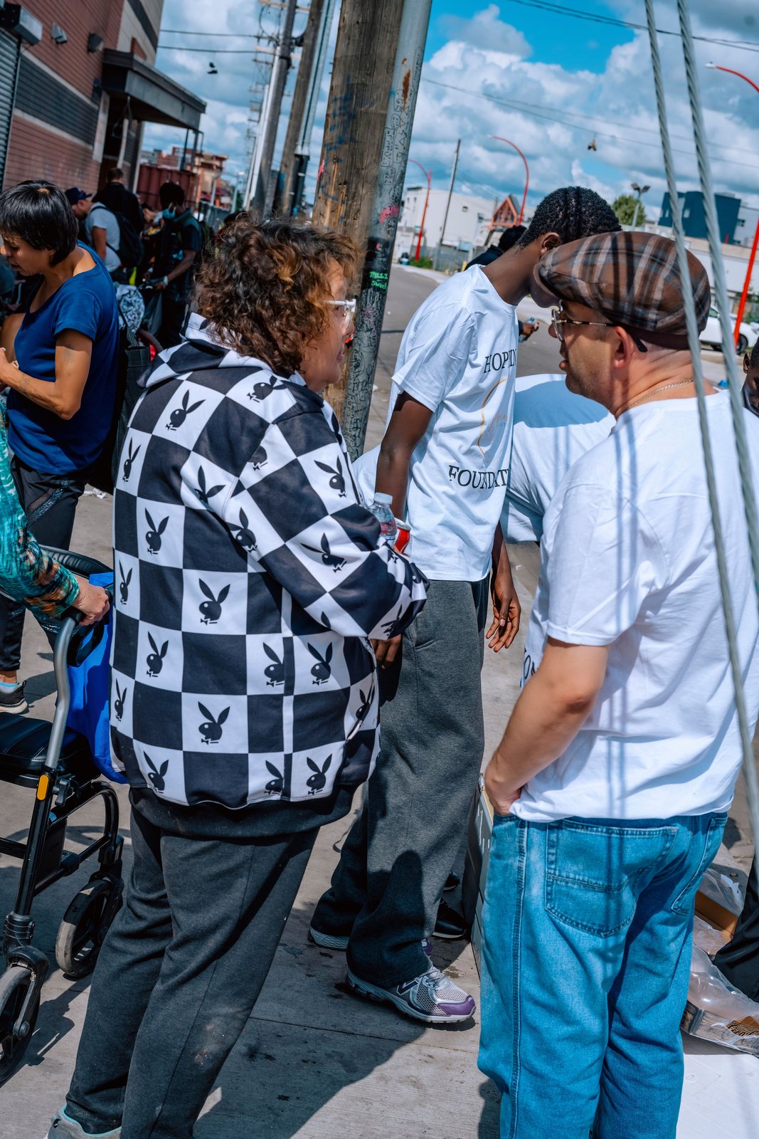 A volunteer in conversation with a man during a street outreach